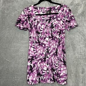 Serenade 2X Top Shirt Purple Floral Flower Button Up Cap Short Sleeve Scoop Neck